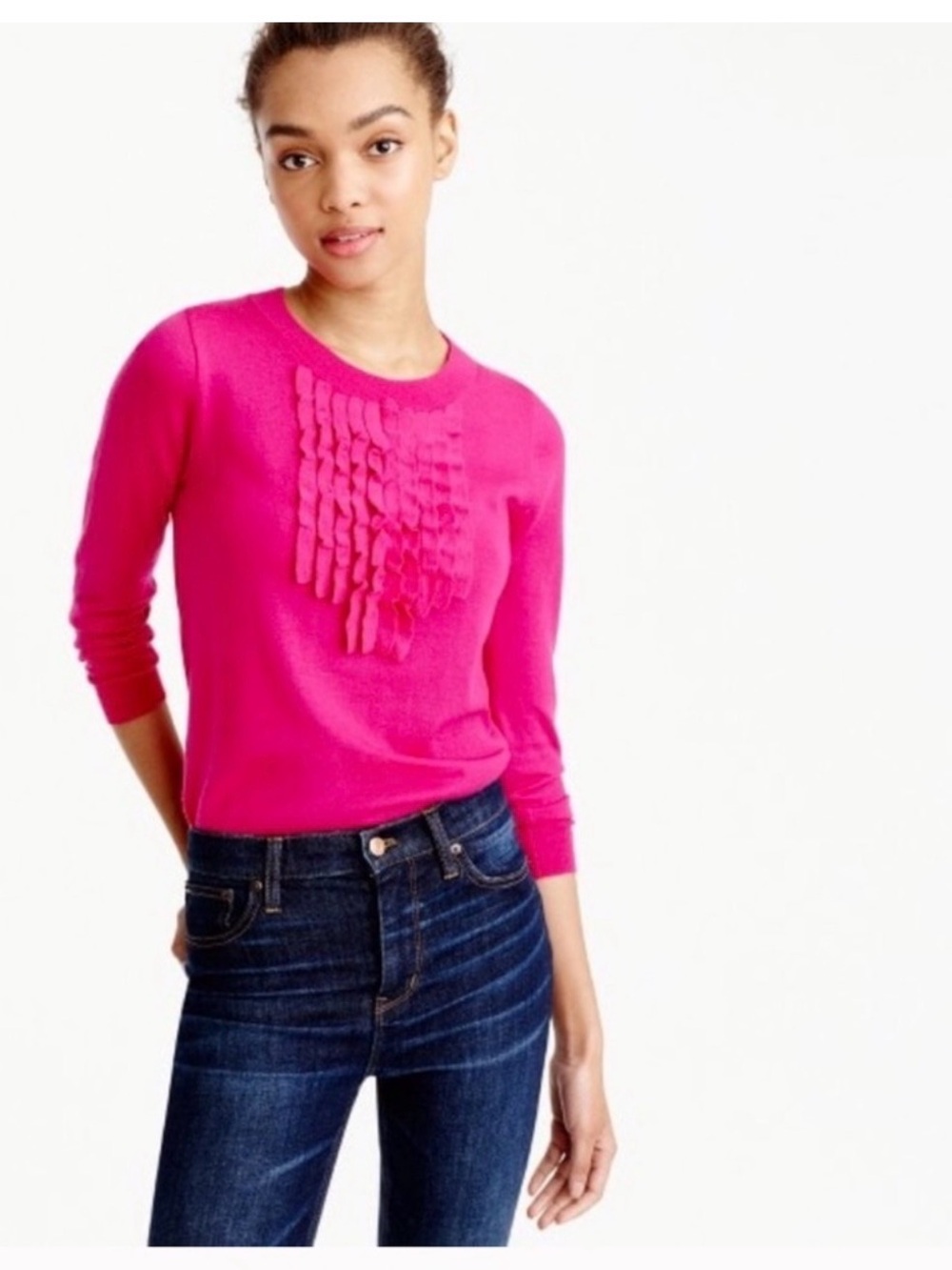 J. Crew Merino Wool Size S 3/4 Sleeve Preppy Fun Hot Pink Ruffle-Front Sweater